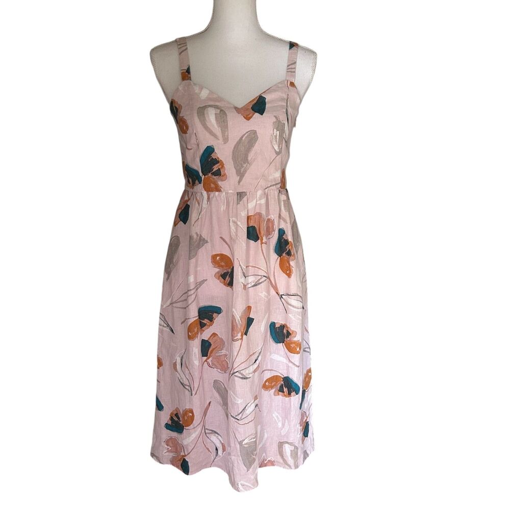 Rachel Zoe Linen Floral Midi Dress Pink Multicolor Size 8
